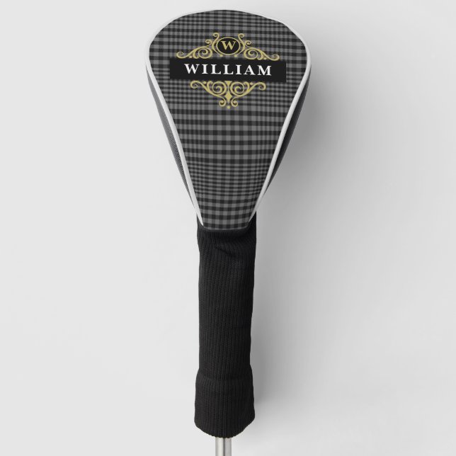 Couvre-club De Golf Élégant monogramme noir or et gris plaid (Devant)