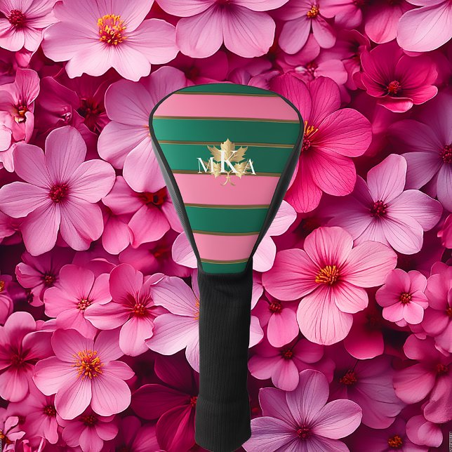 Couvre-club De Golf Élégant Monogramme rose et vert (Pink and Green Striped Monogrammed Golf Head Cover)