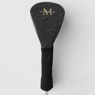 Couvre-club De Golf Élégant noir floral or Script Monogramme