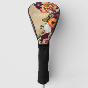 Couvre-club De Golf Élégant Nom Floral Script Customisé Rustique 