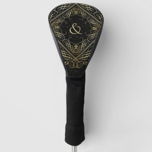 Couvre-club De Golf Élégant or Foil Look Scrollwork Script sur noir