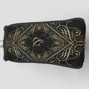 Couvre-club De Golf Élégant or Foil Look Scrollwork Script sur noir