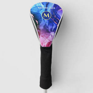 Couvre-club De Golf Encre Liquide Violet Rouge Bleu, Monogramme & Nom