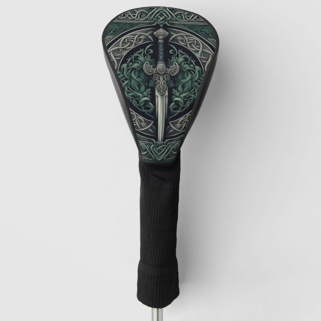 Couvre-club De Golf Épée Celtique verte et argentée (Devant)