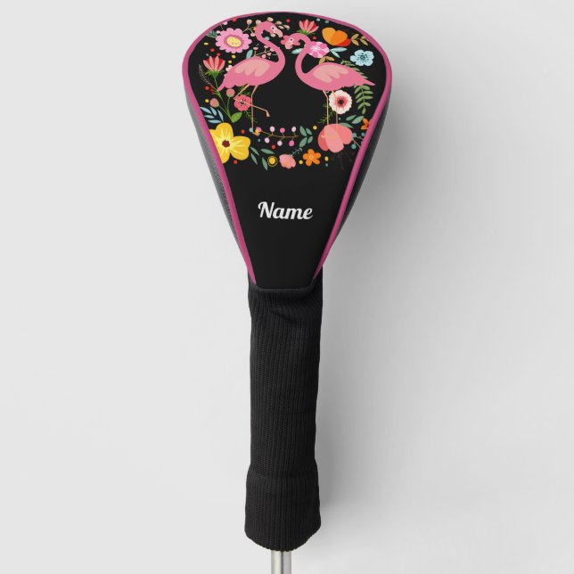 Couvre-club De Golf Flamant rose couple stand de fleur avec nom (Devant)