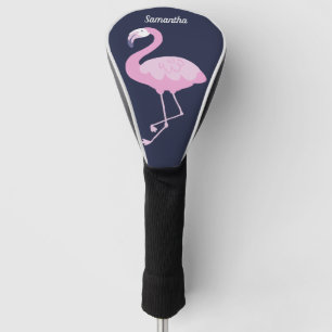 Couvre-club De Golf Flamant rose rose mignon sur bleu foncé avec nom