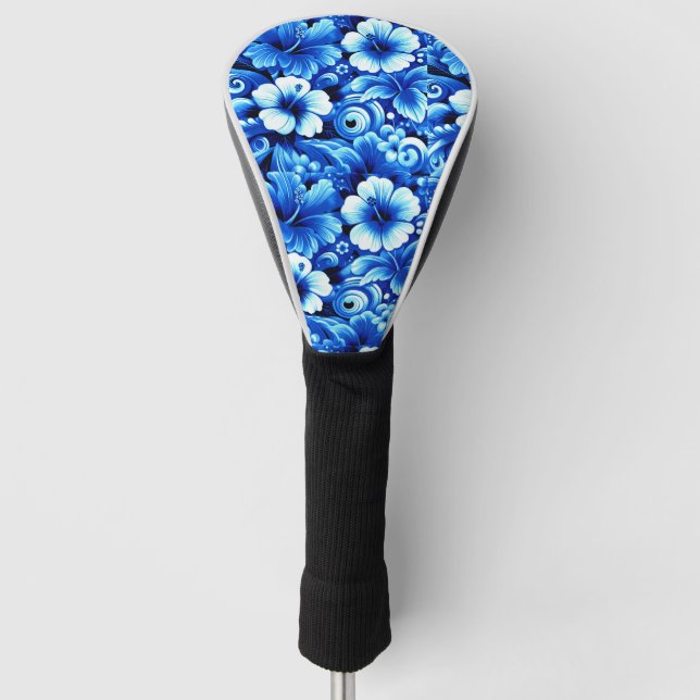 Couvre-club De Golf Fleurs hawaïennes tropicales Hibiscus Cobalt Bleu (Devant)