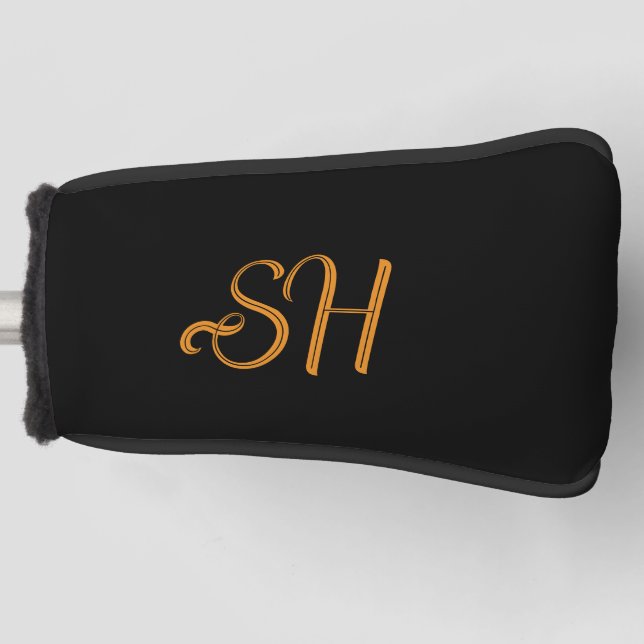 Couvre-club De Golf Gold script custom initials black (Devant)
