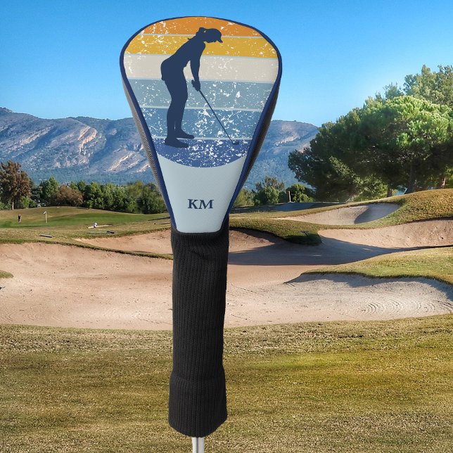 Couvre-club De Golf Golfeuse en silhouette bleue sur bandes rétro (Créateur téléchargé)