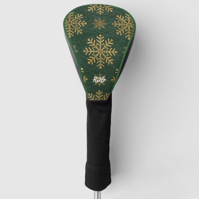 Couvre-club De Golf Green Leather Tooled with Gold Snowflakes Initials (Devant)