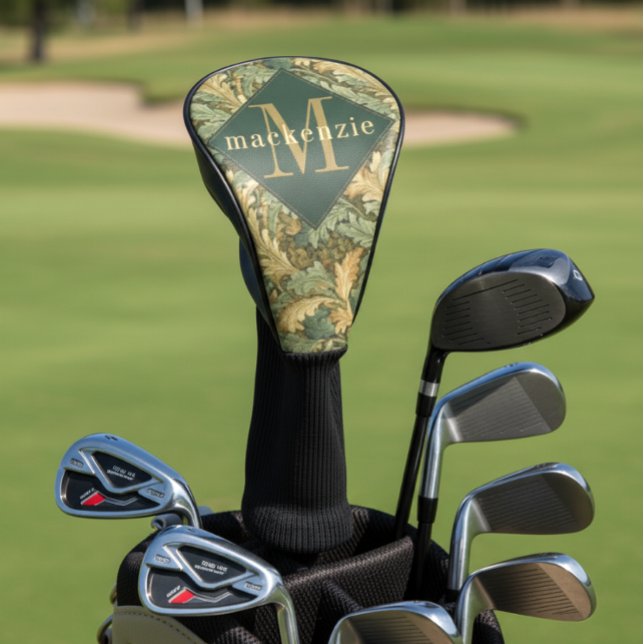 Couvre-club De Golf Green Tan Foliage William Morris Elegant Monogram (Créateur téléchargé)