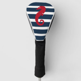 Couvre-club De Golf Hippocampe rouge rayé blanc nautique de bleu