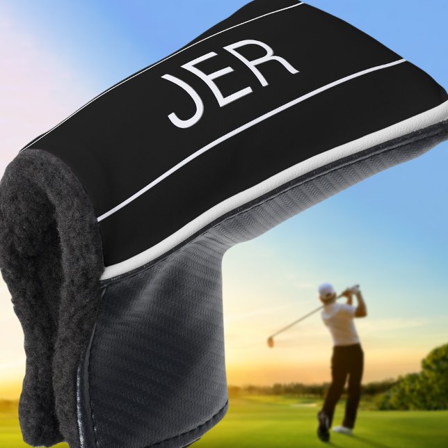 Couvre-club De Golf Initiales Monogramme Noir Blanc (Modern Sports Black Monogrammed Golfer Putter Golf Head Cover)