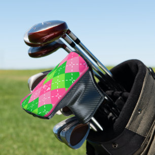 Couvre-club De Golf Jacquard rose et vert avec piqûres blanches