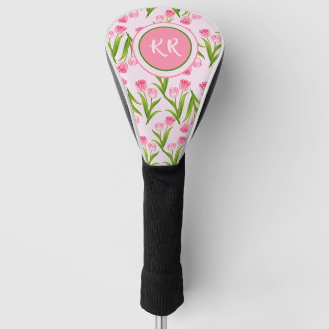 Couvre-club De Golf Joli Tulipe rose Fleurs Florales Feuille Monogramm (Devant)