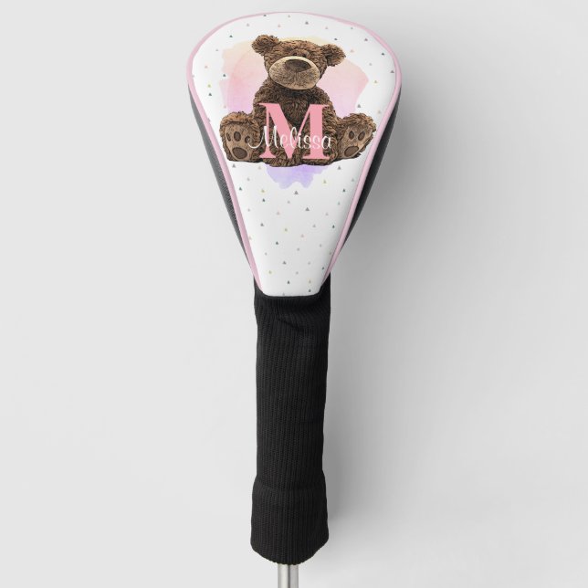 Couvre-club De Golf Jolies filles Monogrammes Nom Ours En Teddy Rose (Devant)