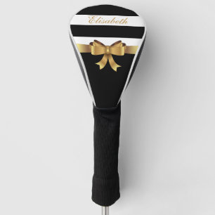 Couvre-club De Golf Lady Golf Golden Bow Black Bold Strippes Monogramm