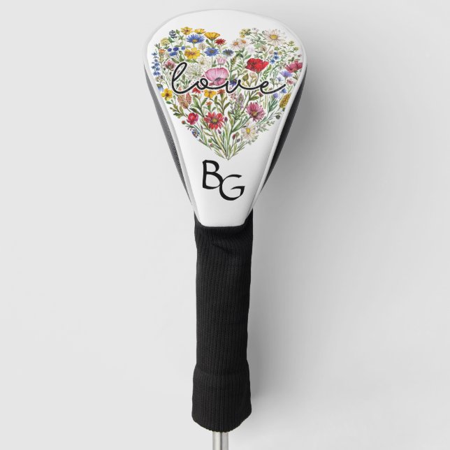 Couvre-club De Golf L'amour fleurit : Monogramme d'art floral en forme (Devant)