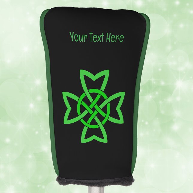 Couvre-club De Golf Large Bright Green Irish Celtic Abstract Knot (Big bright green celtic Irish knowt design on black golf club cover.)