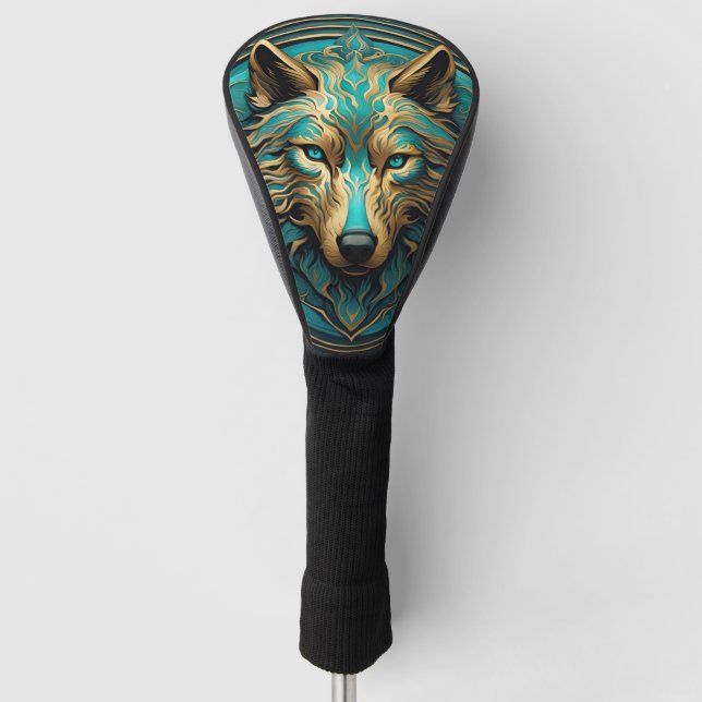 Couvre-club De Golf Loup Turquoise et Or (Devant)