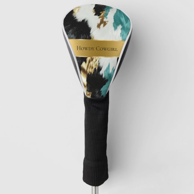 Couvre-club De Golf Mariage de vache noire Turquoise Green Gold (Devant)