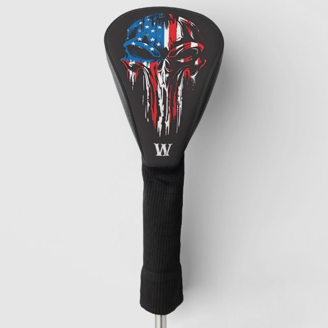 Couvre-club De Golf Militaire Gros Crâne USA Drapeau Monogramme initia (Devant)