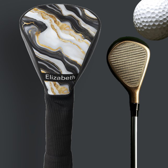 Couvre-club De Golf Modern Black White Gold Marble Personalized (Créateur téléchargé)