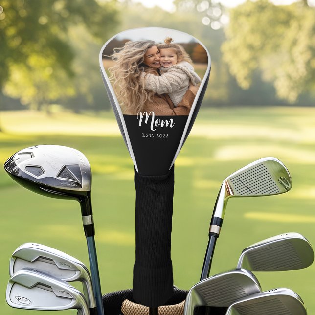 Couvre-club De Golf Mom Established Modern Script Photo Black (Mom established white script text with personalized with photo, name and Est. year)