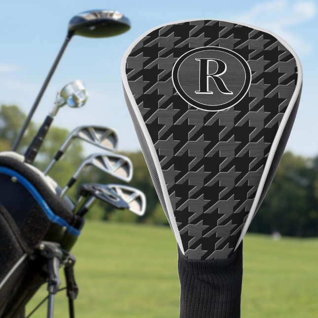 Couvre-club De Golf Monogram Houndstooth Pattern Black & Grey Wood (Créateur téléchargé)