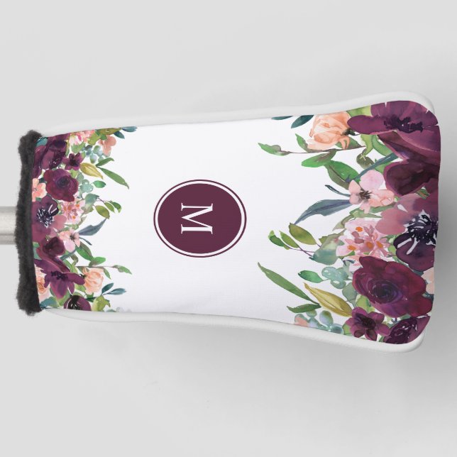 Couvre-club De Golf Monogramme Aquarelle Florale rose violet Marsala (Devant)