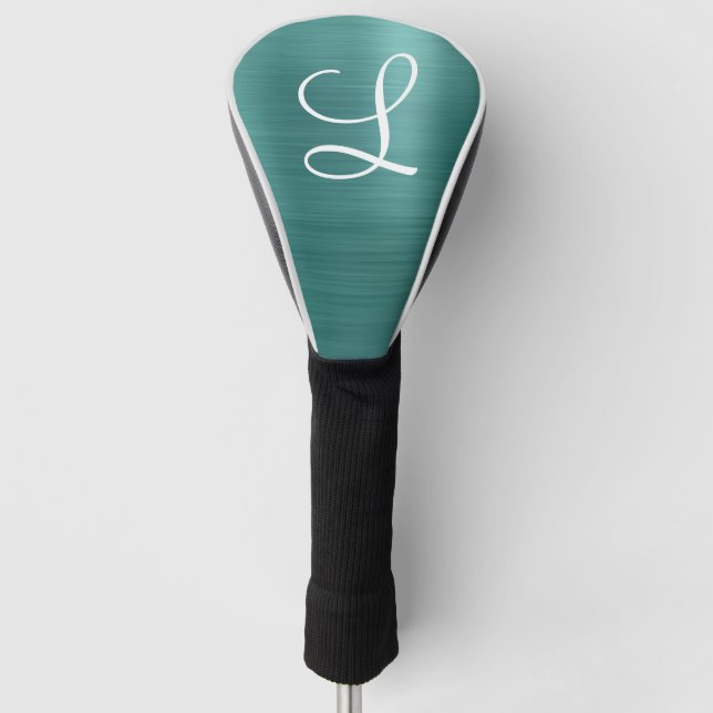 Couvre-club De Golf Monogramme blanc Turquoise en métal brossé chic (Devant)