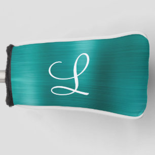 Couvre-club De Golf Monogramme blanc Turquoise en métal brossé chic