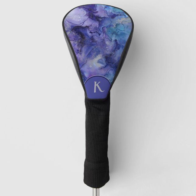 Couvre-club De Golf Monogramme d'aquarelle violet, bleu et gris (Devant)