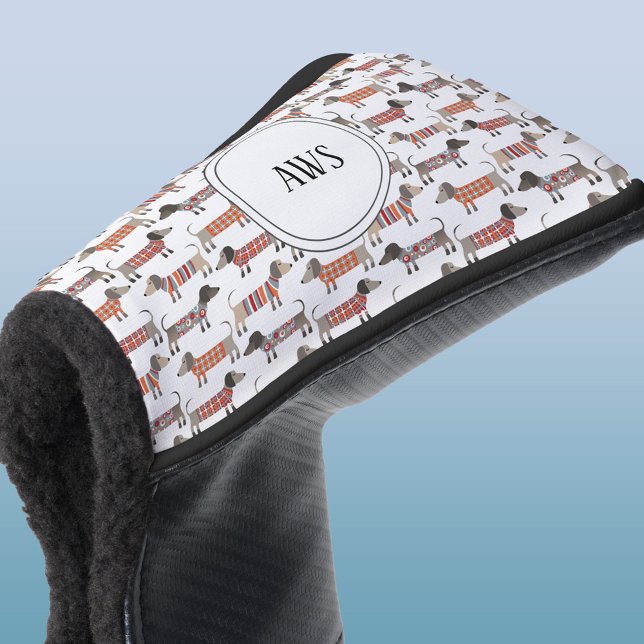 Couvre-club De Golf Monogramme de chien de saucisse Dachshund (Monogram Dachshund sausage dog pattern golf putter cover)