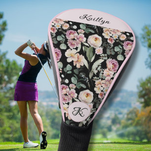 Couvre-club De Golf Monogramme de nom floral rose élégant