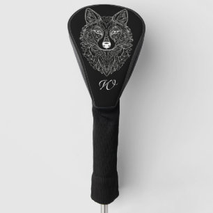 Couvre-club De Golf Monogramme de tête de loup Mandala noir et blanc i