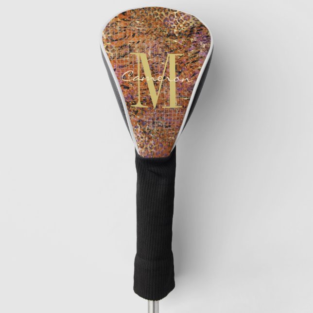 Couvre-club De Golf Monogramme d'or initial et nom sur la peau de léop (Devant)