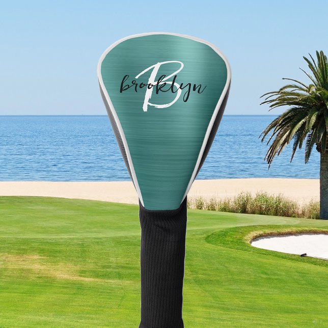 Couvre-club De Golf Monogramme écriture noir blanc Métal brossé sarcel (Créateur téléchargé)