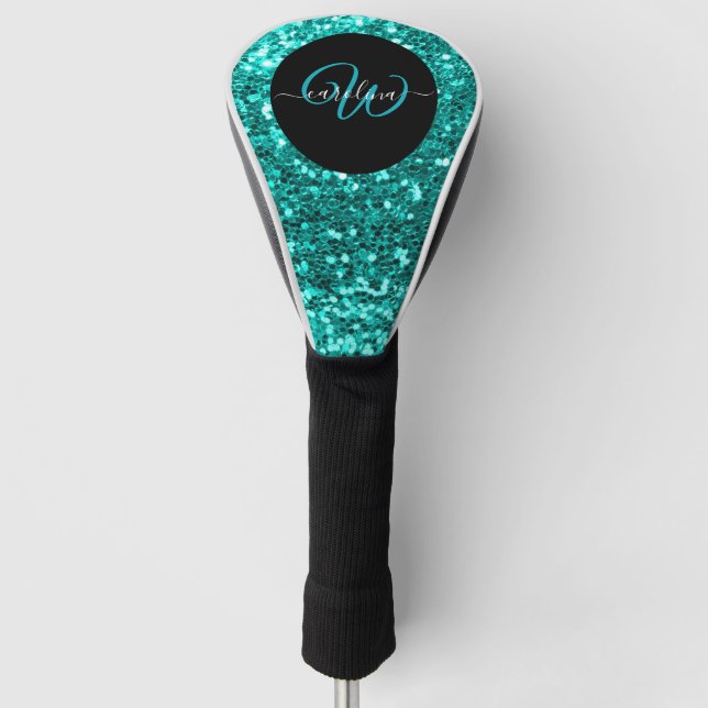 Couvre-club De Golf monogramme élégant aqua nom de parties scintillant (Devant)