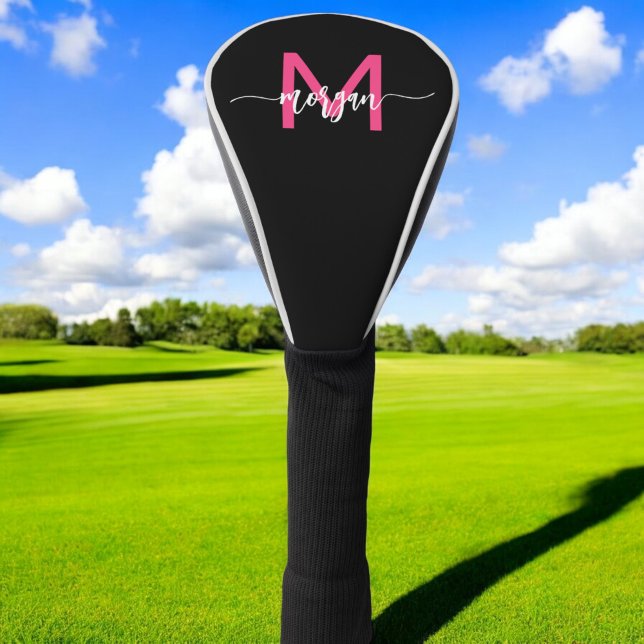 Couvre-club De Golf Monogramme élégant moderne rose chaud noir (Créateur téléchargé)