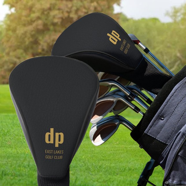 Couvre-club De Golf Monogramme en cuir noir et nom personnalisé (Créateur téléchargé)