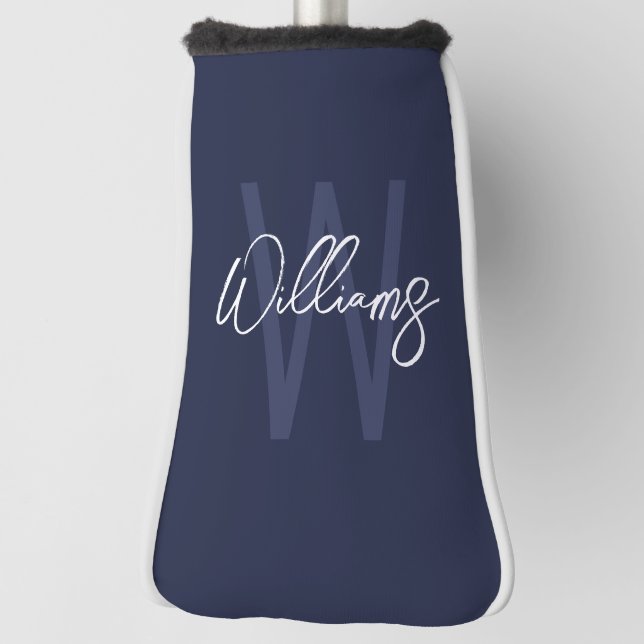 Couvre-club De Golf Monogramme et nom personnalisés de Navy Blue Scrip (Tourné à 90°)