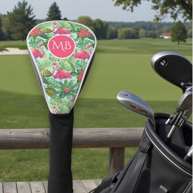 Couvre-club De Golf Monogramme Flamant rose rose tropical Fille floral (Créateur téléchargé)