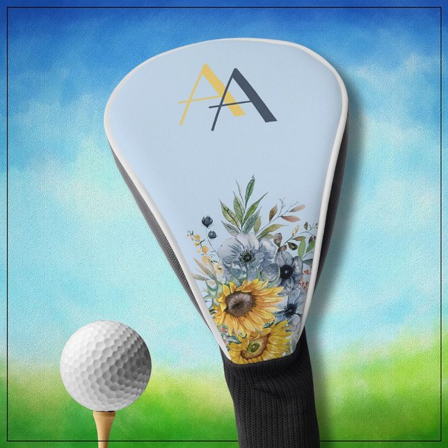 Couvre-club De Golf Monogramme floral de tournesol moderne personnalis (Créateur téléchargé)