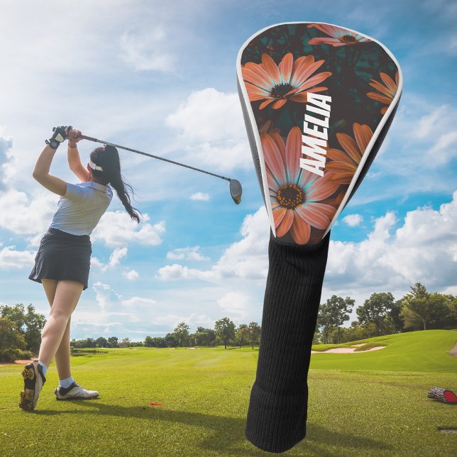 Couvre-club De Golf Monogramme floral orange noir personnalisé (Créateur téléchargé)
