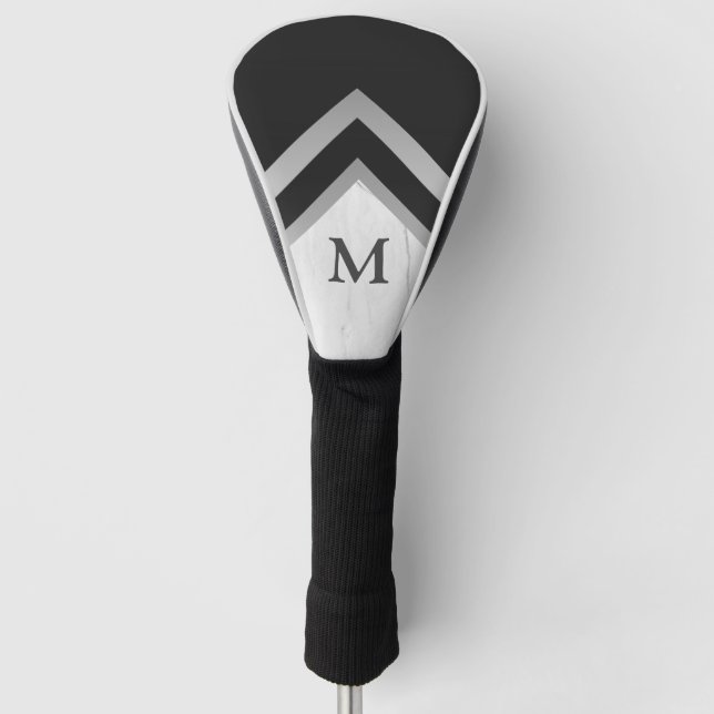 Couvre-club De Golf Monogramme Géométrique Chevron Noir Marbre Argent (Devant)