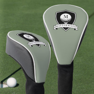 Couvre-club De Golf Monogramme Initial Nom Noir et Vert Sauge Moderne