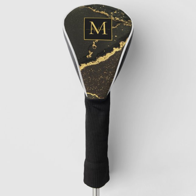 Couvre-club De Golf Monogramme Marbré Or et Noir Moderne (Devant)