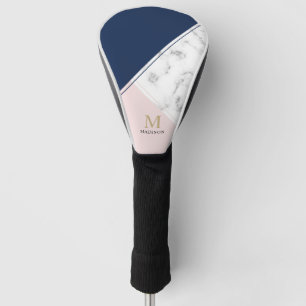 Couvre-club De Golf monogramme moderne élégant en marbre bleu marine