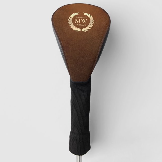 Couvre-club De Golf Monogramme moderne Nom Golfeur Or Cuir Brown (Devant)